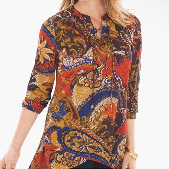 Chico's‎ Vintage Paisley Peasant Blouse Tunic Top Size 2 / Medium/Us 12 - Picture 1 of 11